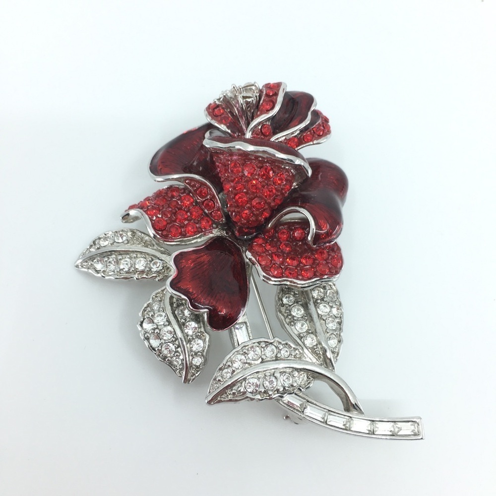 Vintage Nolan Miller Rhinestone Enamel Red Rose Brooch Pin Silver Tone Romantic - Picture 3 of 11